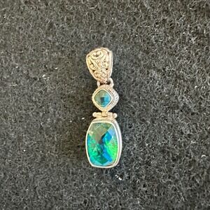SARDA 925 Sterling Silver AB Caribbean quartz Two Tier Pendant Scroll EUC
